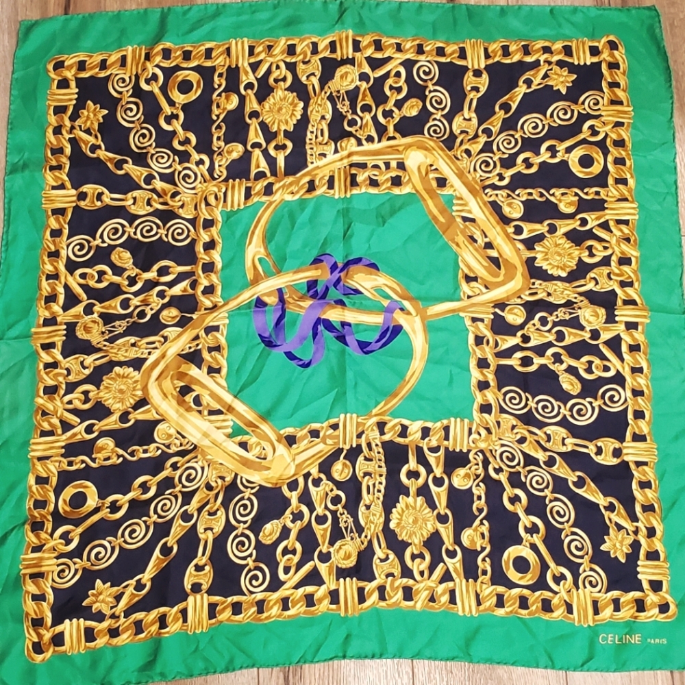 Celine 100% Silk Scarf, Jewelry Motif, 34"x34"